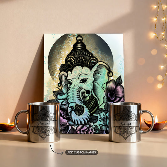 Festive gifting bundle with 2 silver custom mugs and a Ganesha metal print, styled for gifting.