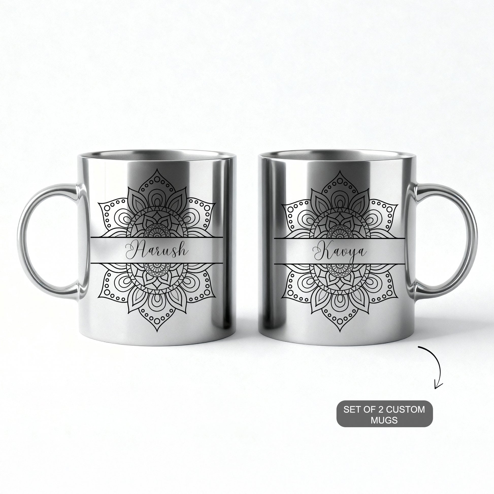 Silver metallic mug with customizable name — personalized festive keepsake.