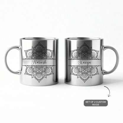 Silver metallic mug with customizable name — personalized festive keepsake.