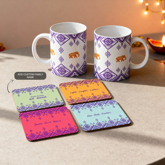 Festive gifting bundle with 2 white ceramic mugs and 4 coasters, including 1 customizable coaster.