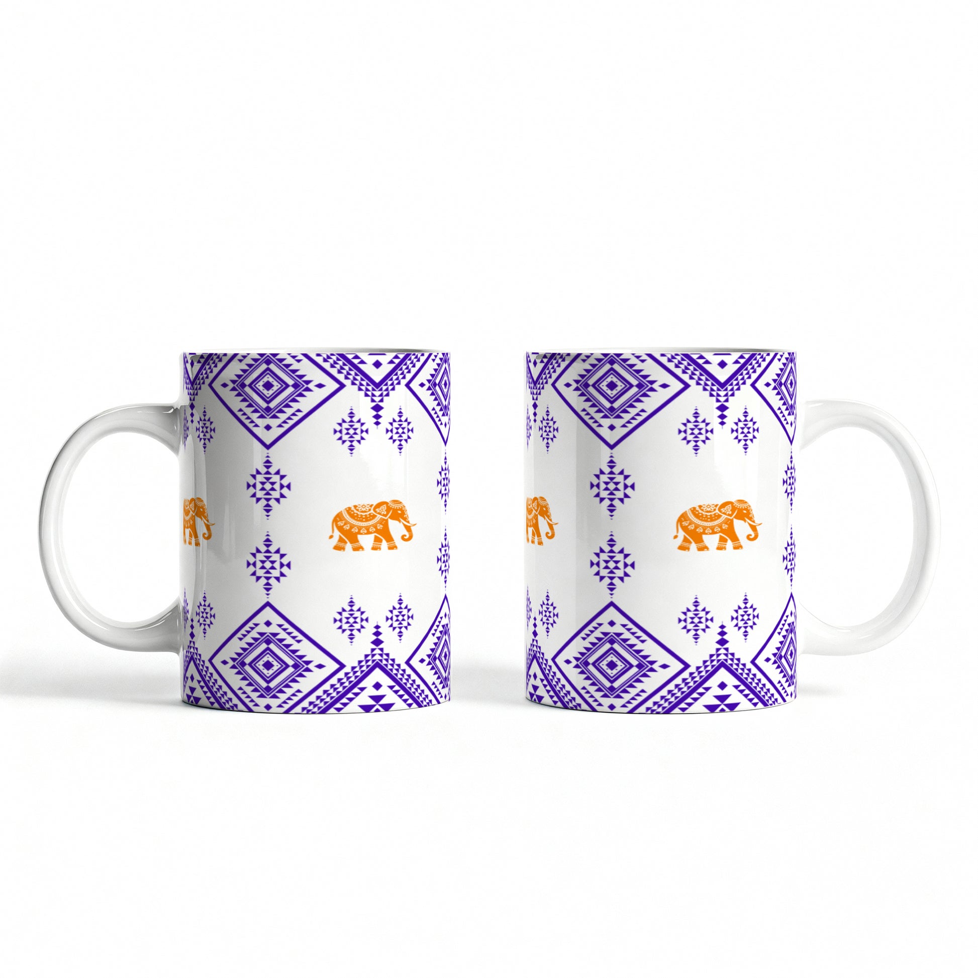 White ceramic mug with ethnic design — personal festive keepsake.