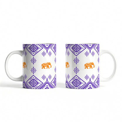 White ceramic mug with ethnic design — personal festive keepsake.