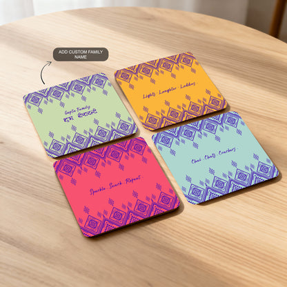 Set of 4 square coasters with 1 customizable coaster for name