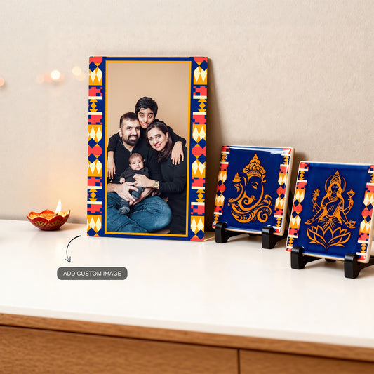 Festive gifting bundle with 1 customizable metal print and 2 ceramic tiles featuring Ganesha and Lakshmi illustrations.