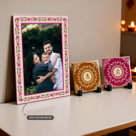 Festive gifting bundle with 1 customizable family photo metal print and 2 ceramic tiles illustrated with Ganesha and Lakshmi.