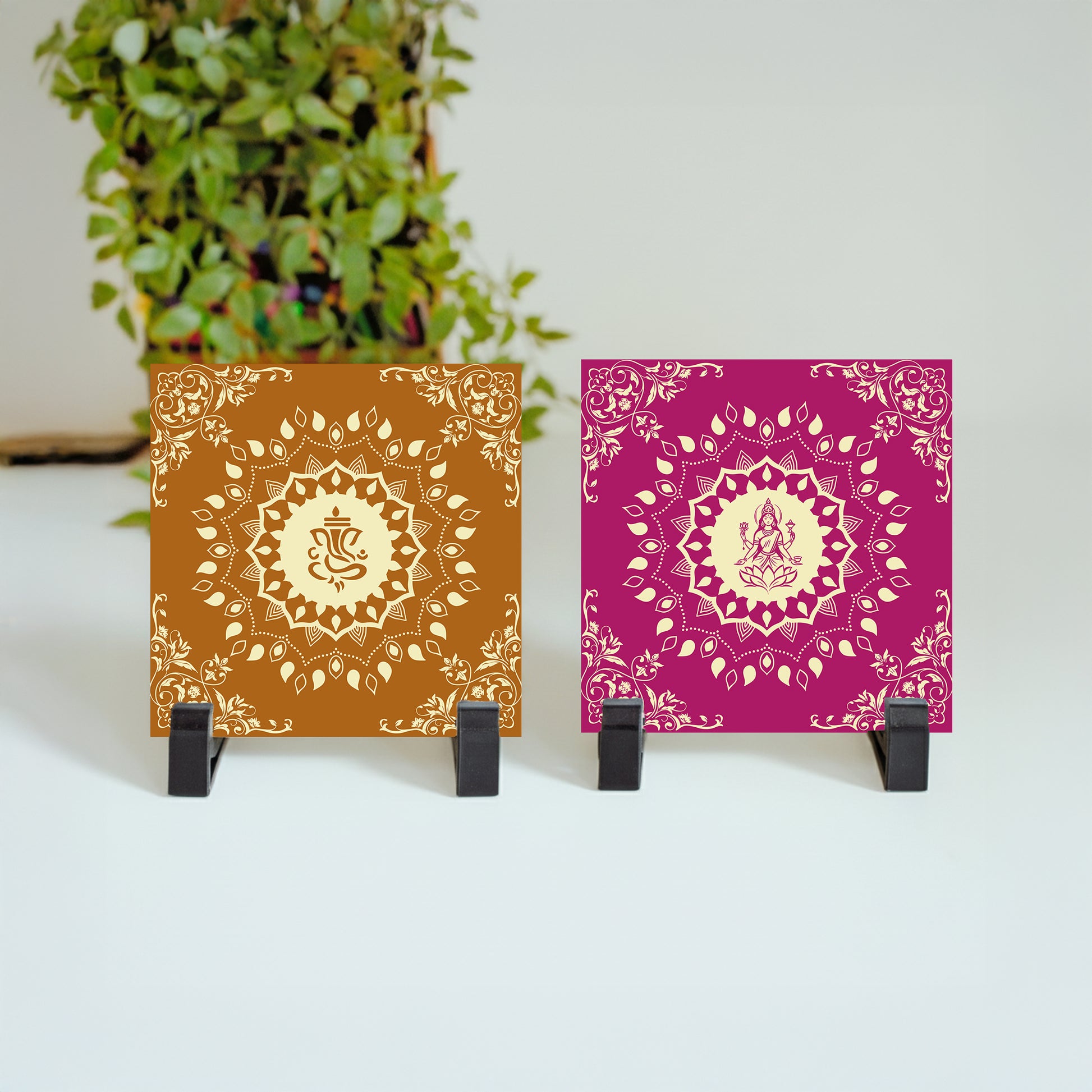 Ceramic tile with Ganesha and Lakshmi illustration and ethnic festive design.