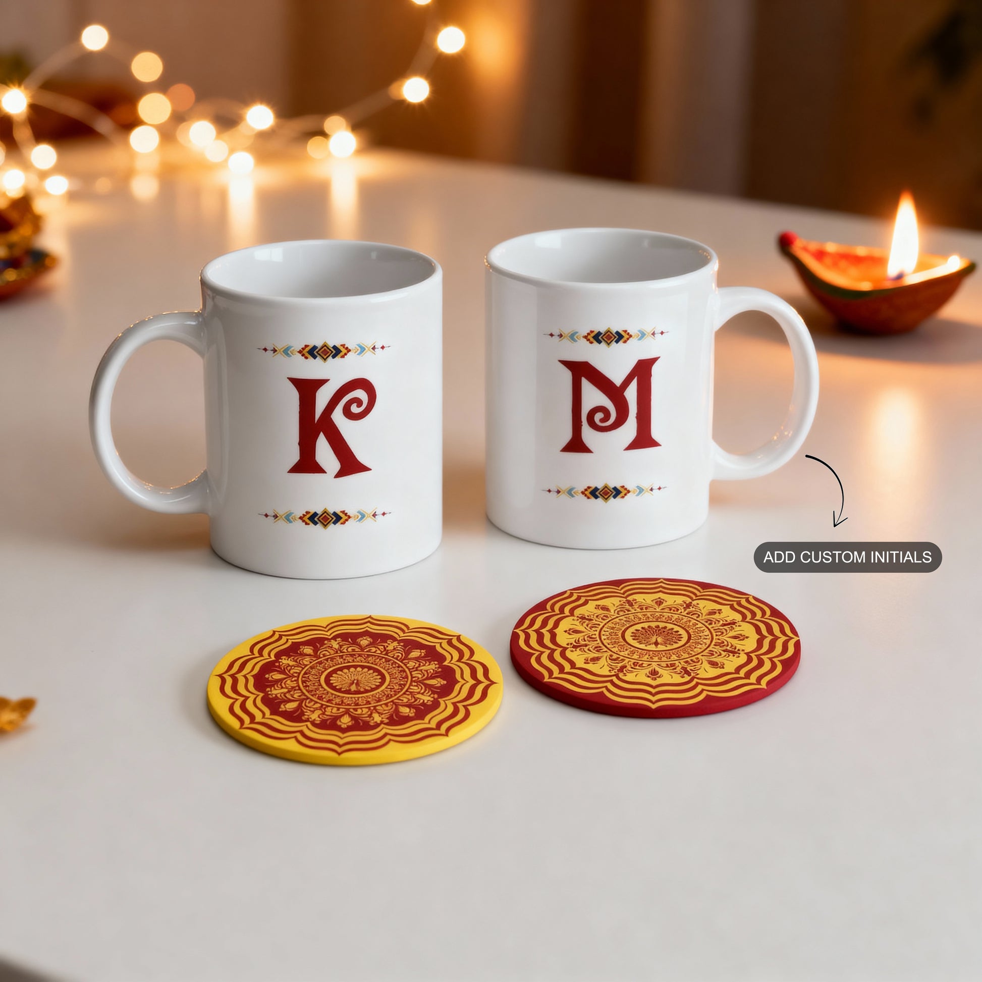 Festive gifting bundle with 2 customizable white ceramic mugs and a set of 2 ethnic design coasters.