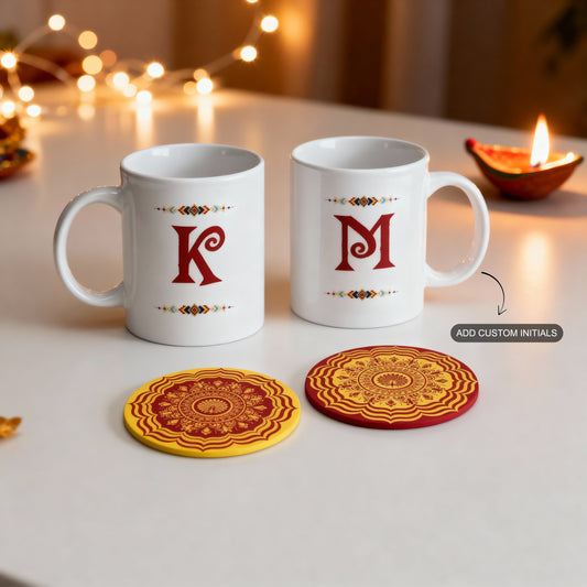 Festive gifting bundle with 2 customizable white ceramic mugs and a set of 2 ethnic design coasters.