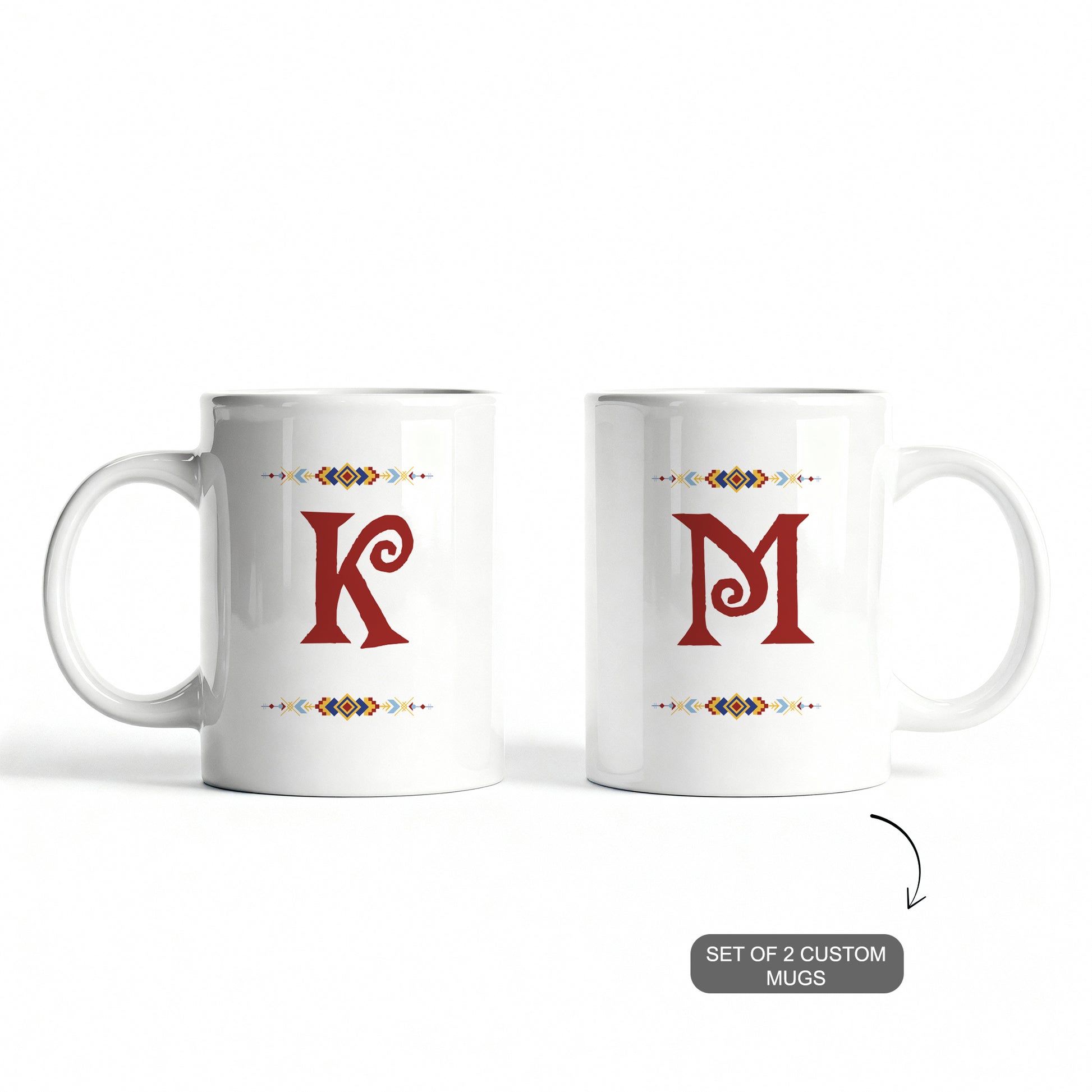 White ceramic mugs with custom initials — personalized festive gift.