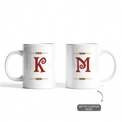White ceramic mugs with custom initials — personalized festive gift.