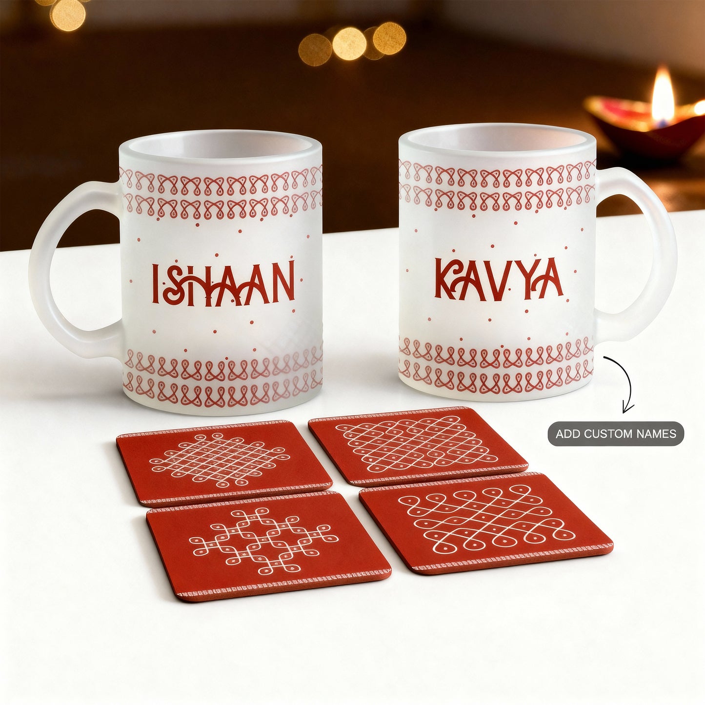Festive gift set with 2 custom name white ceramic mugs and 4 kolam design coasters.