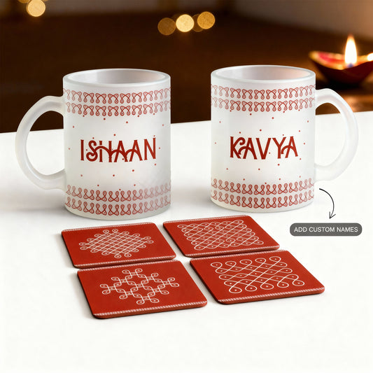 Festive gift set with 2 custom name white ceramic mugs and 4 kolam design coasters.