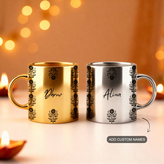 Festive gift set with 1 golden metallic custom name mug and 1 silver metallic custom name mug.