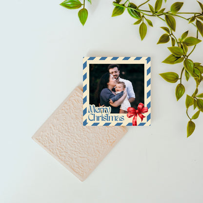 Back display of Merry Christmas custom ceramic photo tile