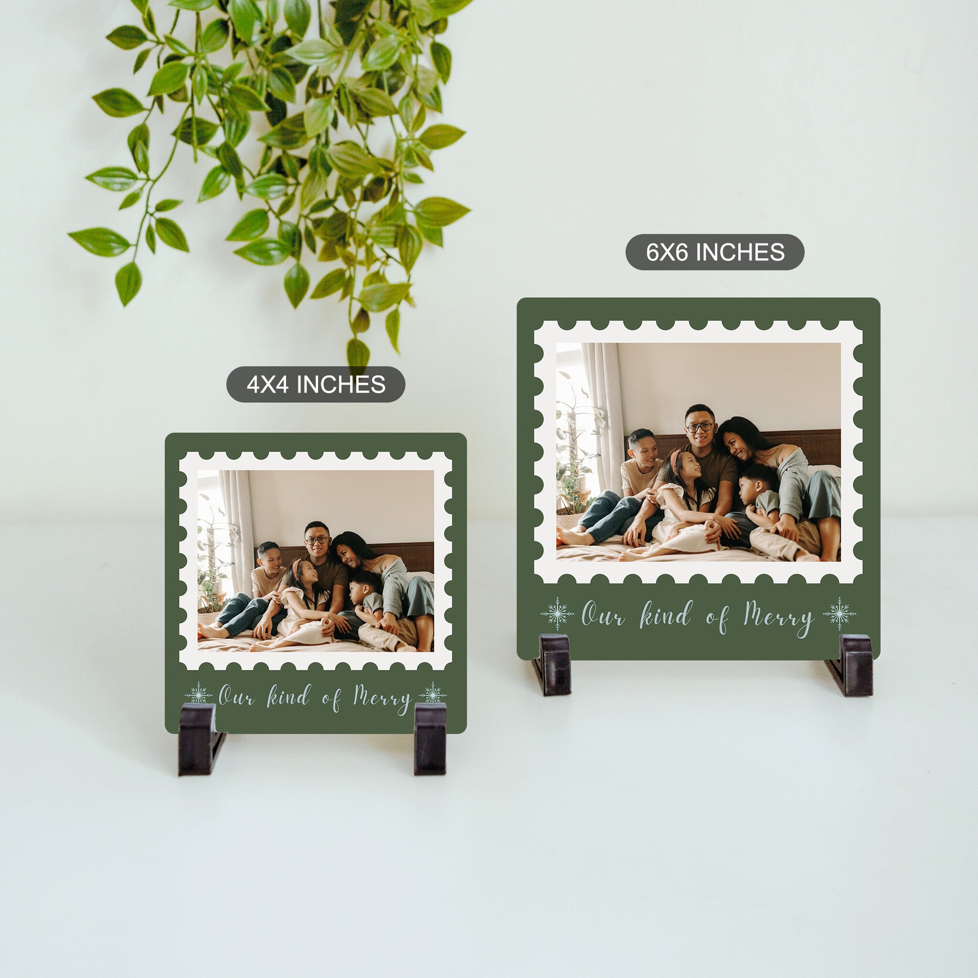 Size comparison of Our Kind of Merry custom ceramic photo tile