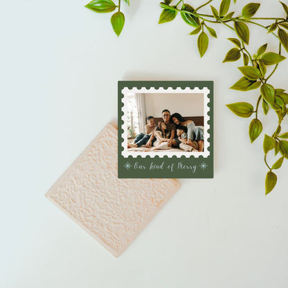 Back display of Our Kind of Merry custom ceramic christmas tile