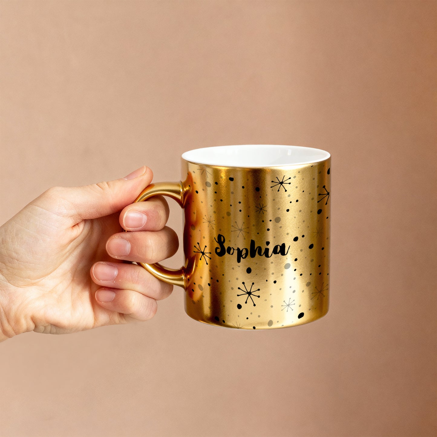 hand held Personalized gold metallic Christmas mug with custom name