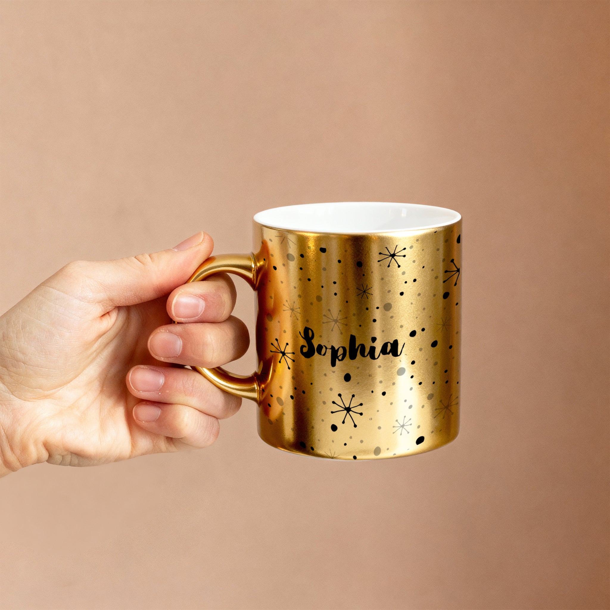 hand held Personalized gold metallic Christmas mug with custom name