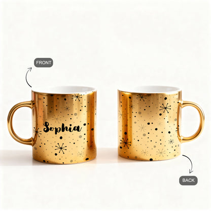 front and back of Personalized gold metallic Christmas mug with custom name