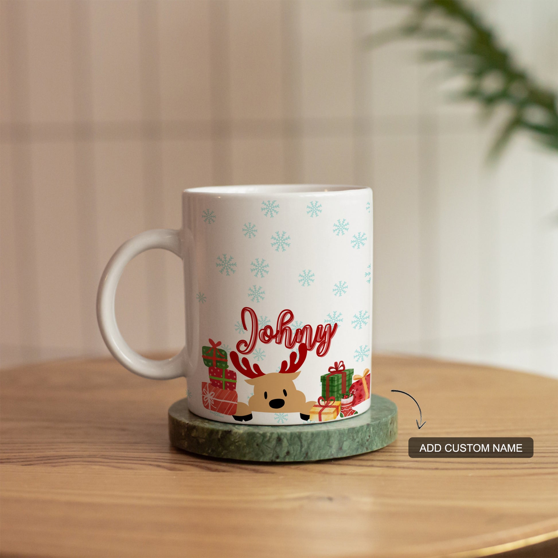 Custom white ceramic mug with Christmas name design
