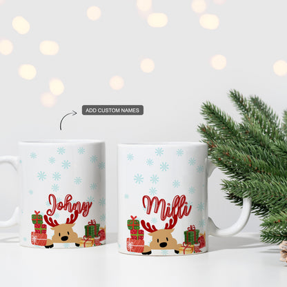 Set of two custom white ceramic mugs with Christmas name design