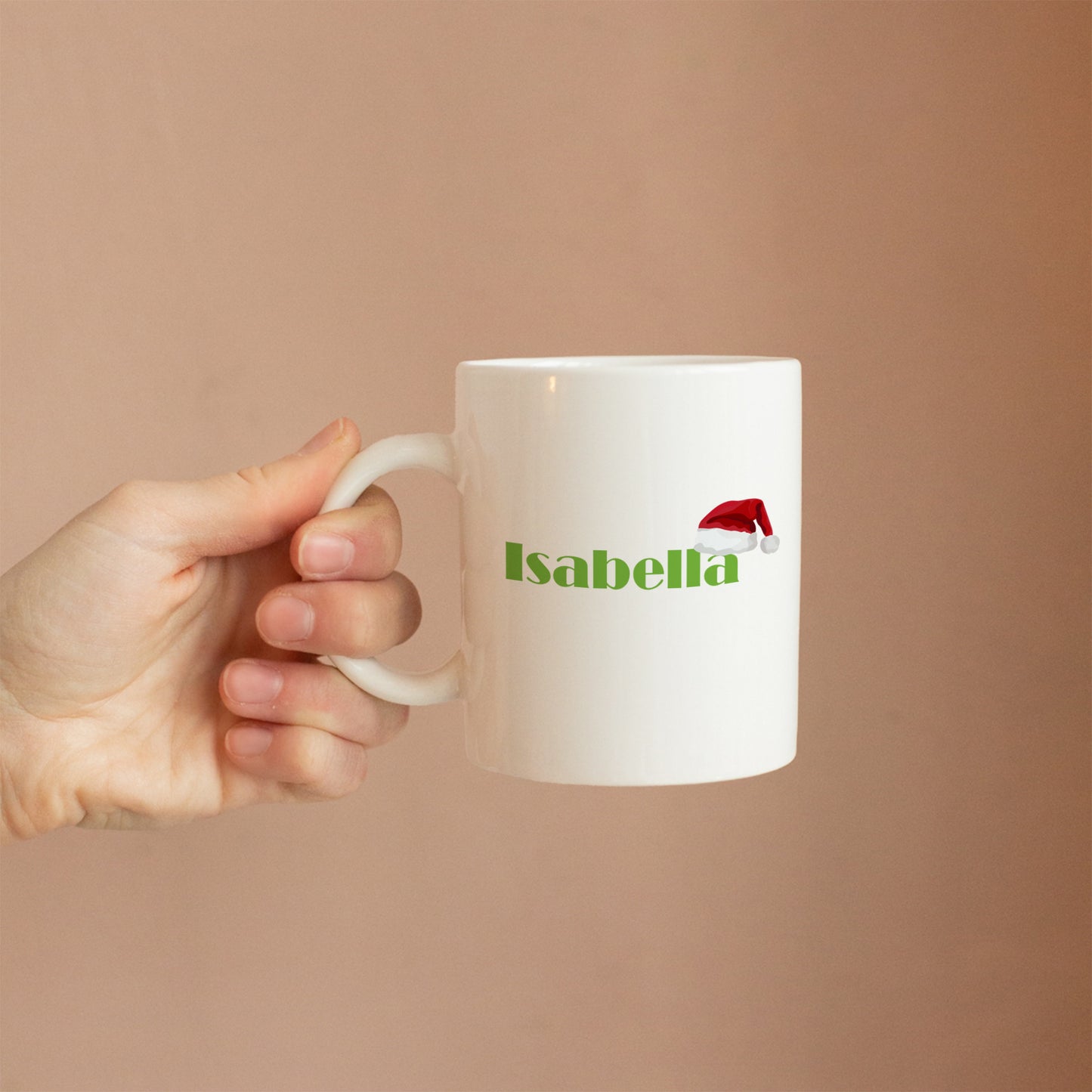 Custom name ceramic mug with Santa hat design