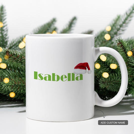 Custom name ceramic mug with Santa hat design