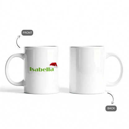 front and back of Custom name ceramic mug with Santa hat design