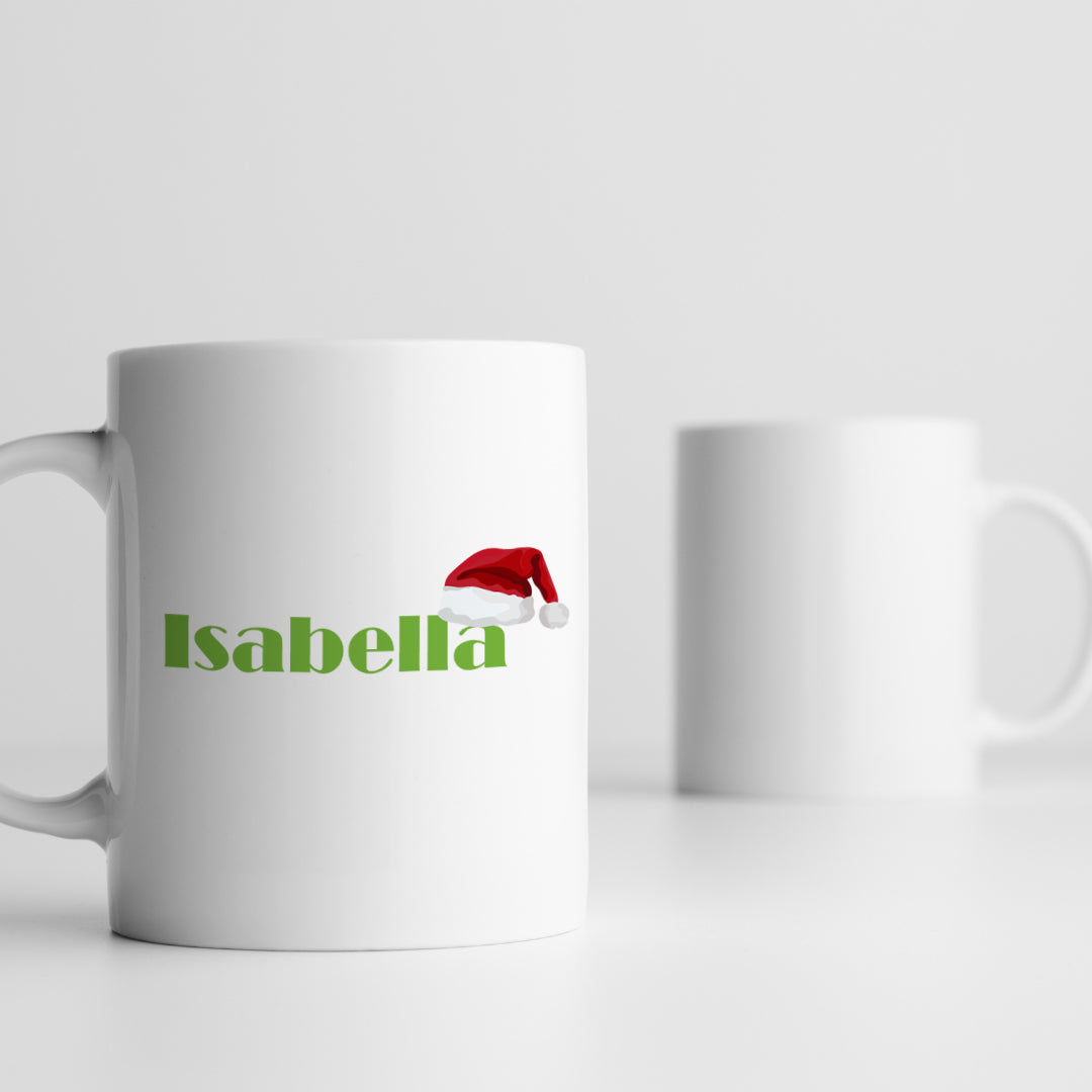 Custom name ceramic mug with Santa hat design