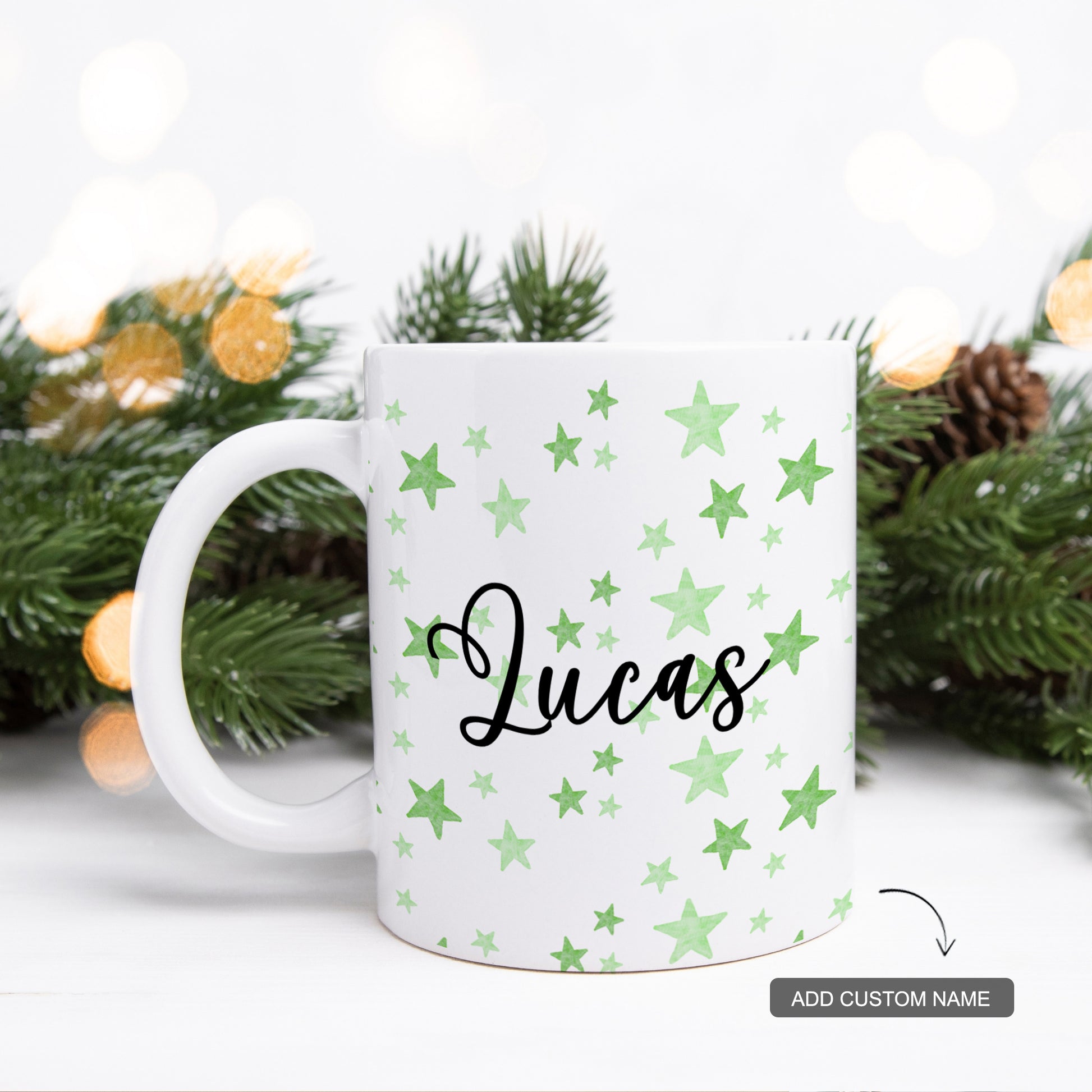 Custom white ceramic mug with festive name design