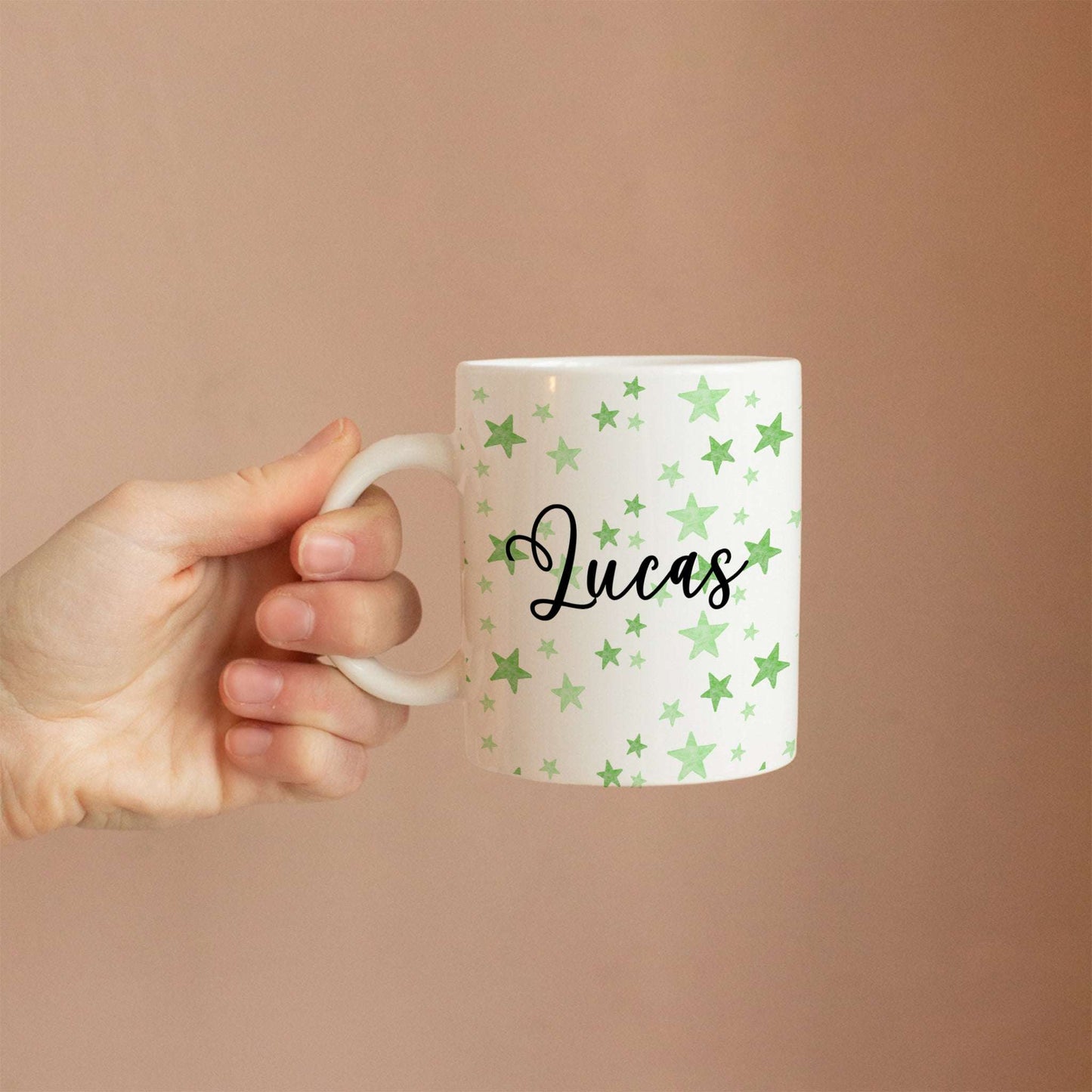 Hand held Custom white ceramic mug with festive name design