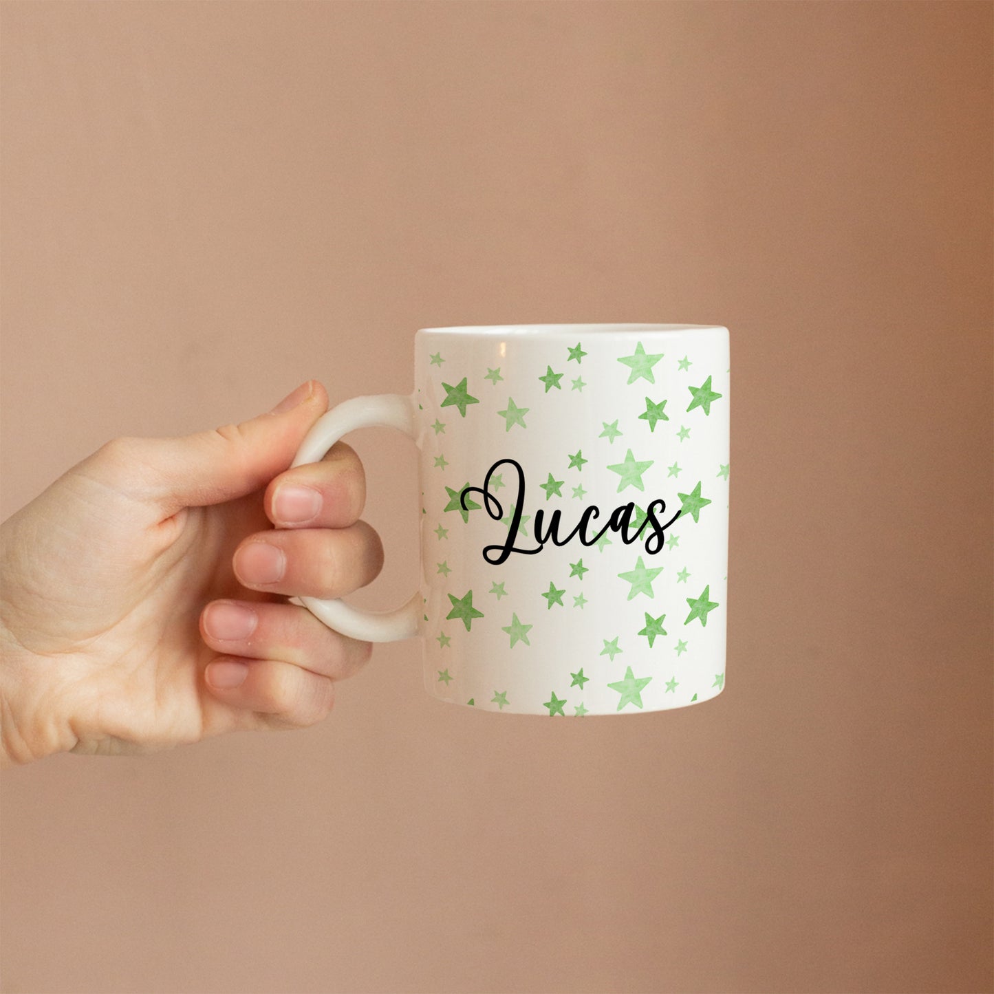 Hand held Custom white ceramic mug with festive name design