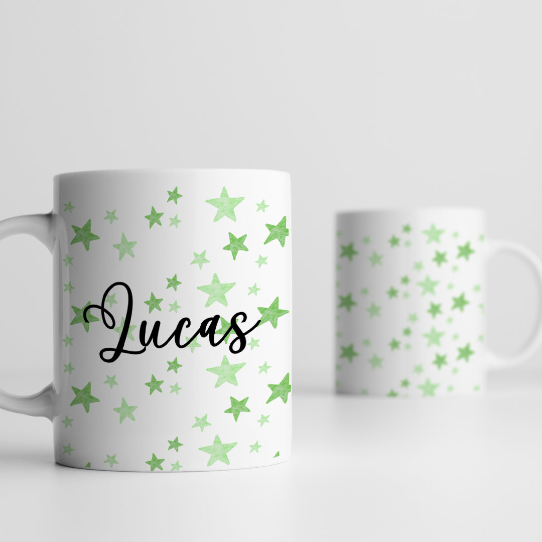 Custom white ceramic mug with festive name design