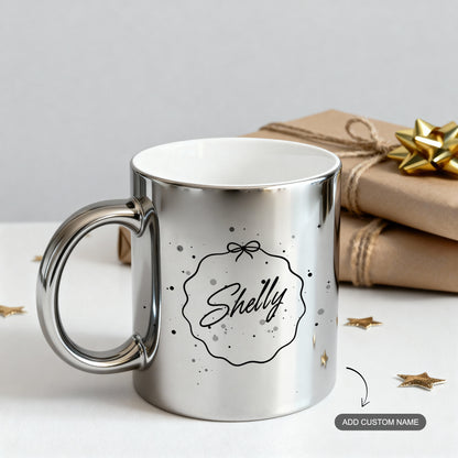 Silver metallic mug with personalized name in gift wrap style
