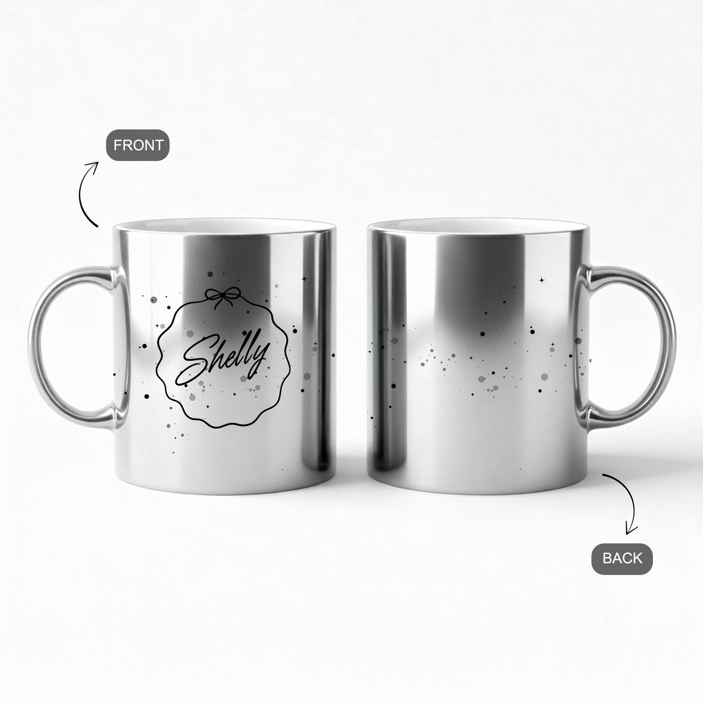 Silver metallic mug with personalized name in gift wrap style
