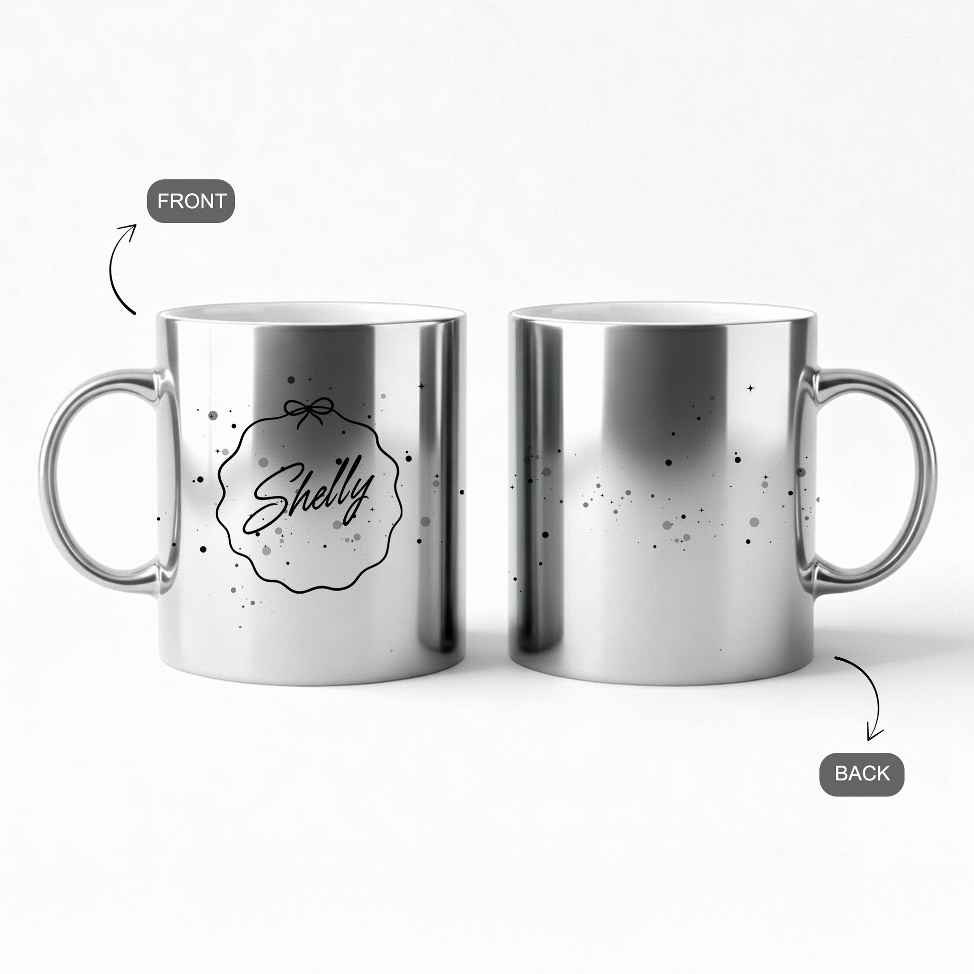 Silver metallic mug with personalized name in gift wrap style