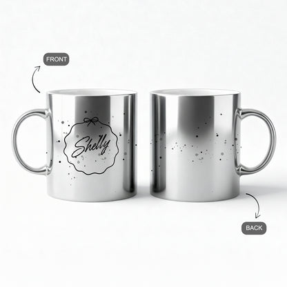 Silver metallic mug with personalized name in gift wrap style
