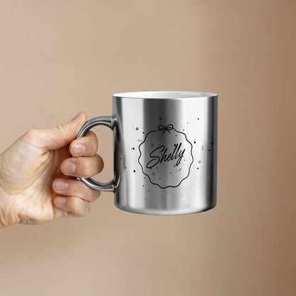 Silver metallic mug with personalized name in gift wrap style