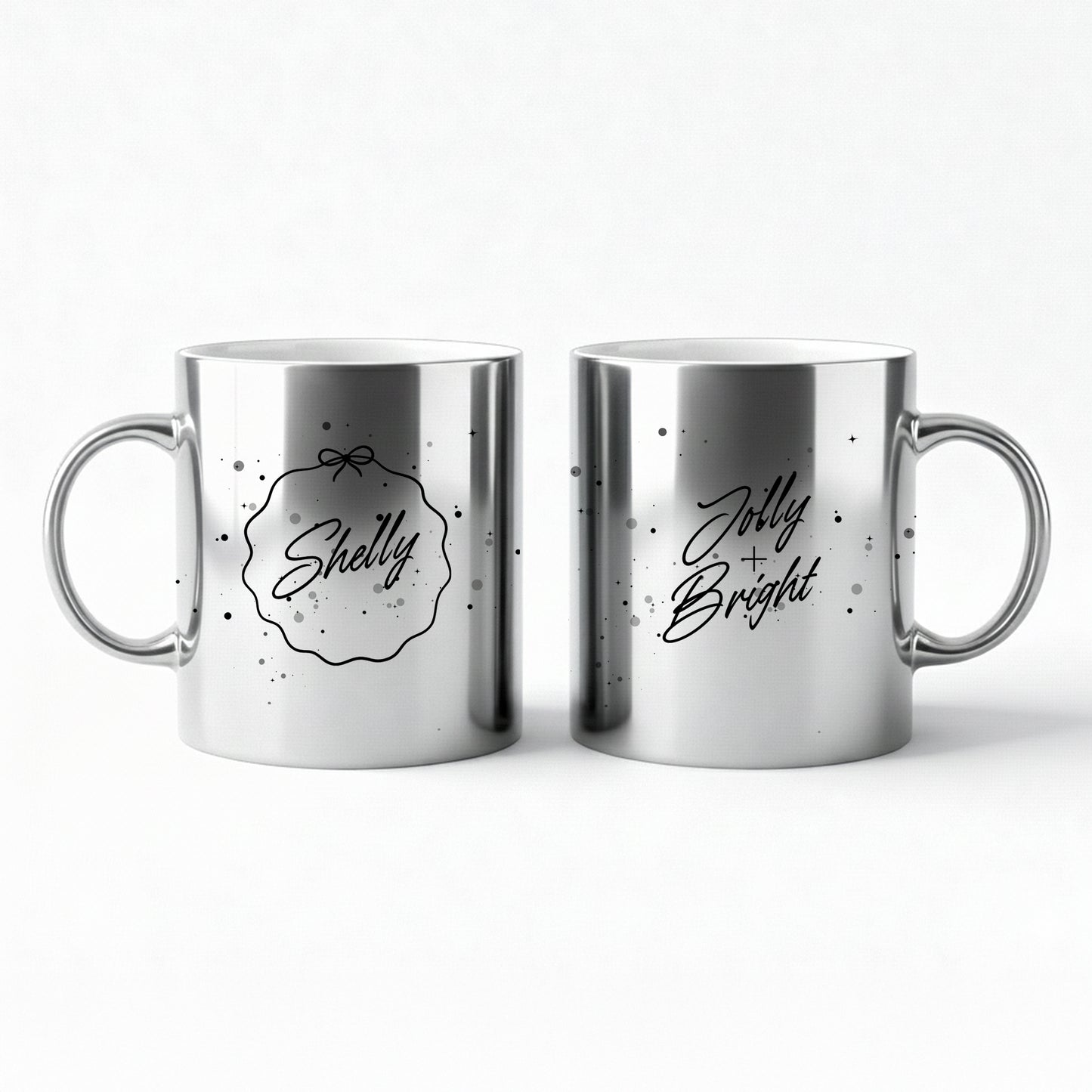 Personalized silver metallic Christmas mug set with custom names
