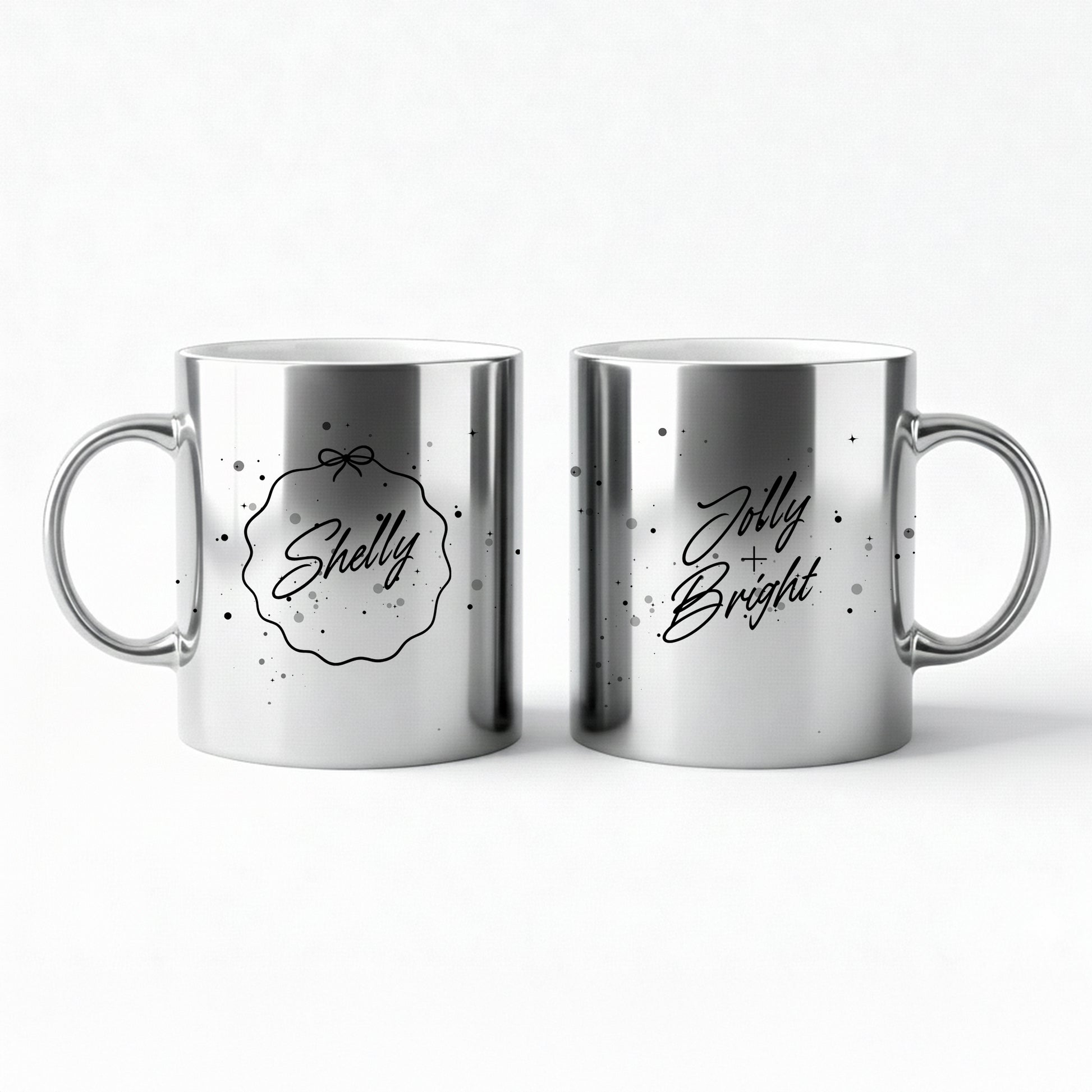Personalized silver metallic Christmas mug set with custom names