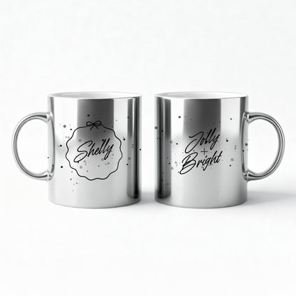 Personalized silver metallic Christmas mug set with custom names