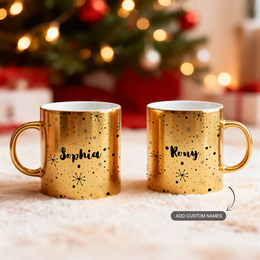Personalized gold metallic Christmas mug set with custom names