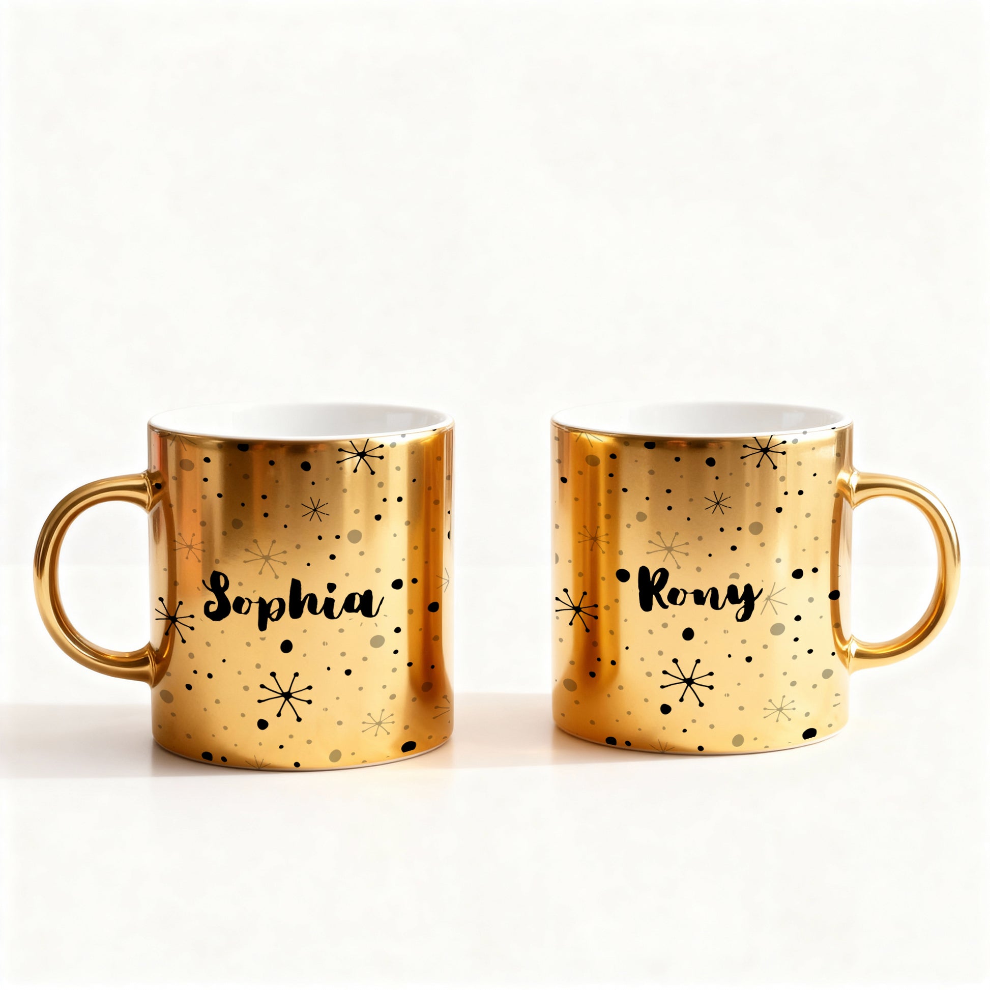 Personalized gold metallic Christmas mug set with custom names