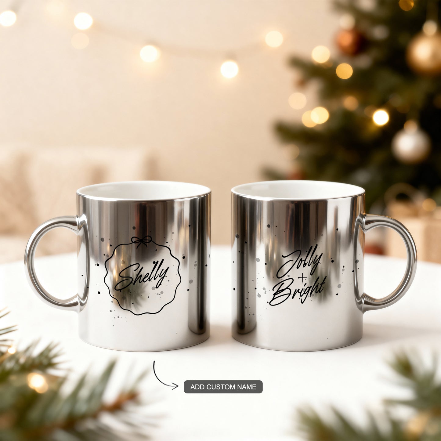 Personalized silver metallic Christmas mug set with custom names