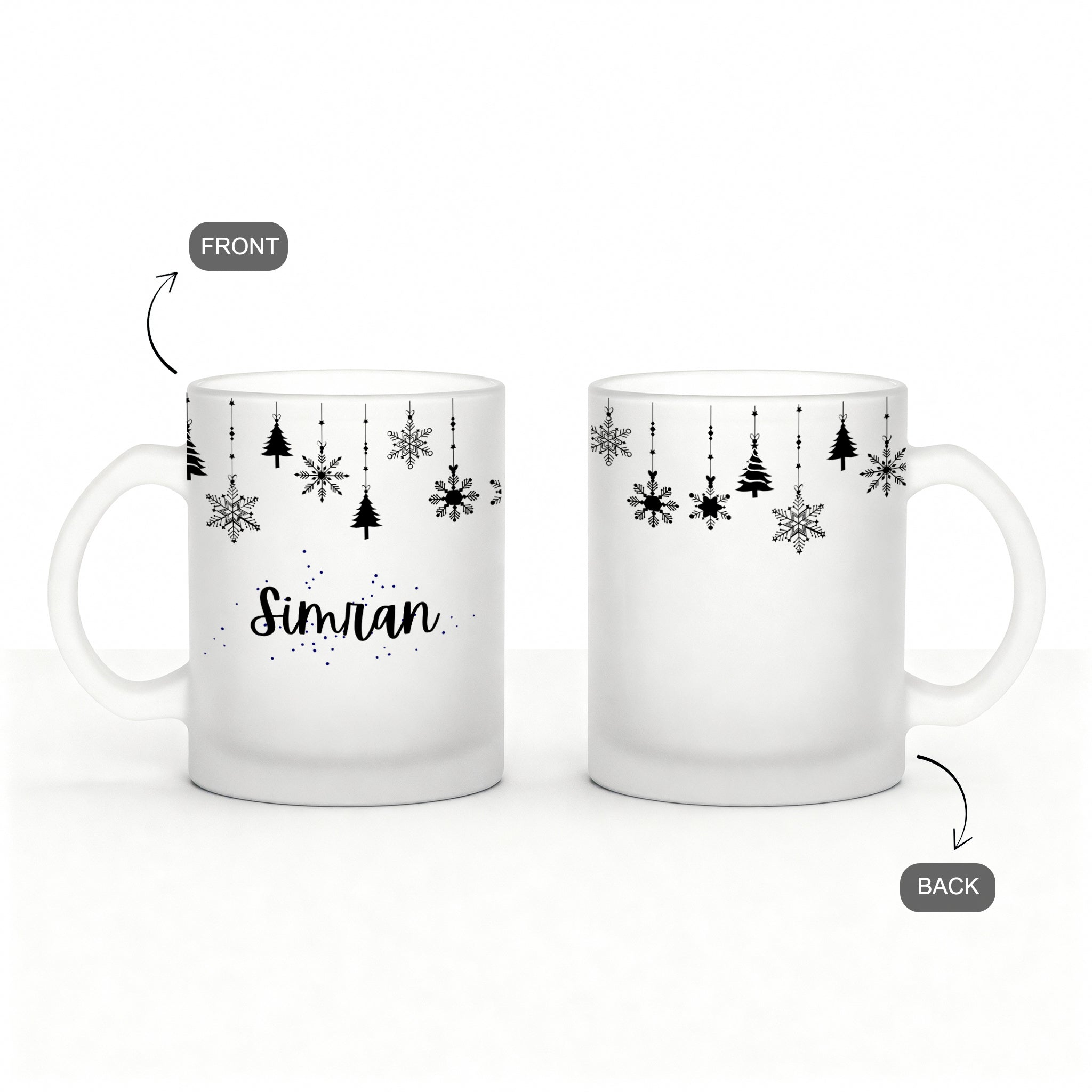 front and back of Personalized frosty christmas mug with custom name