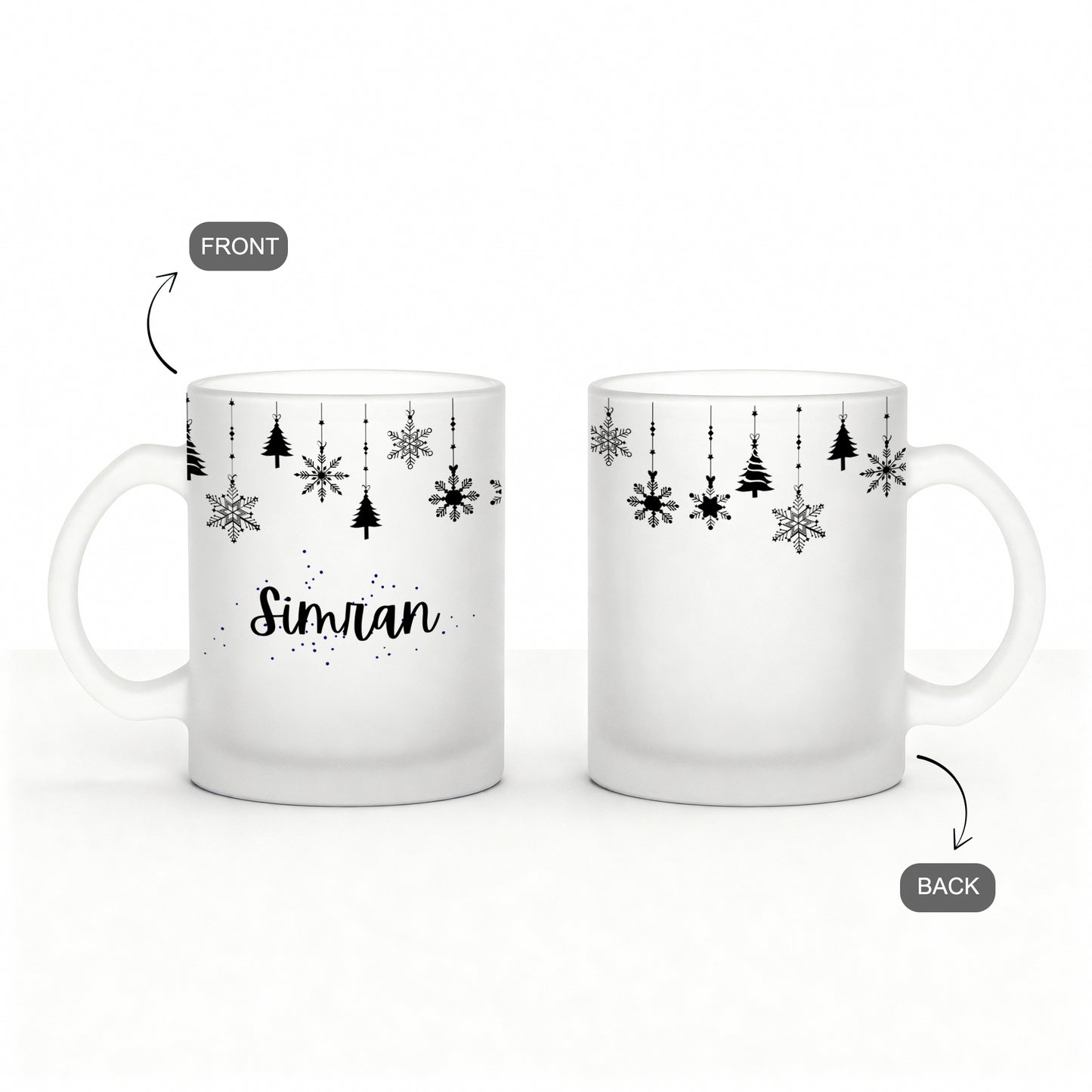 front and back of Personalized frosty christmas mug with custom name