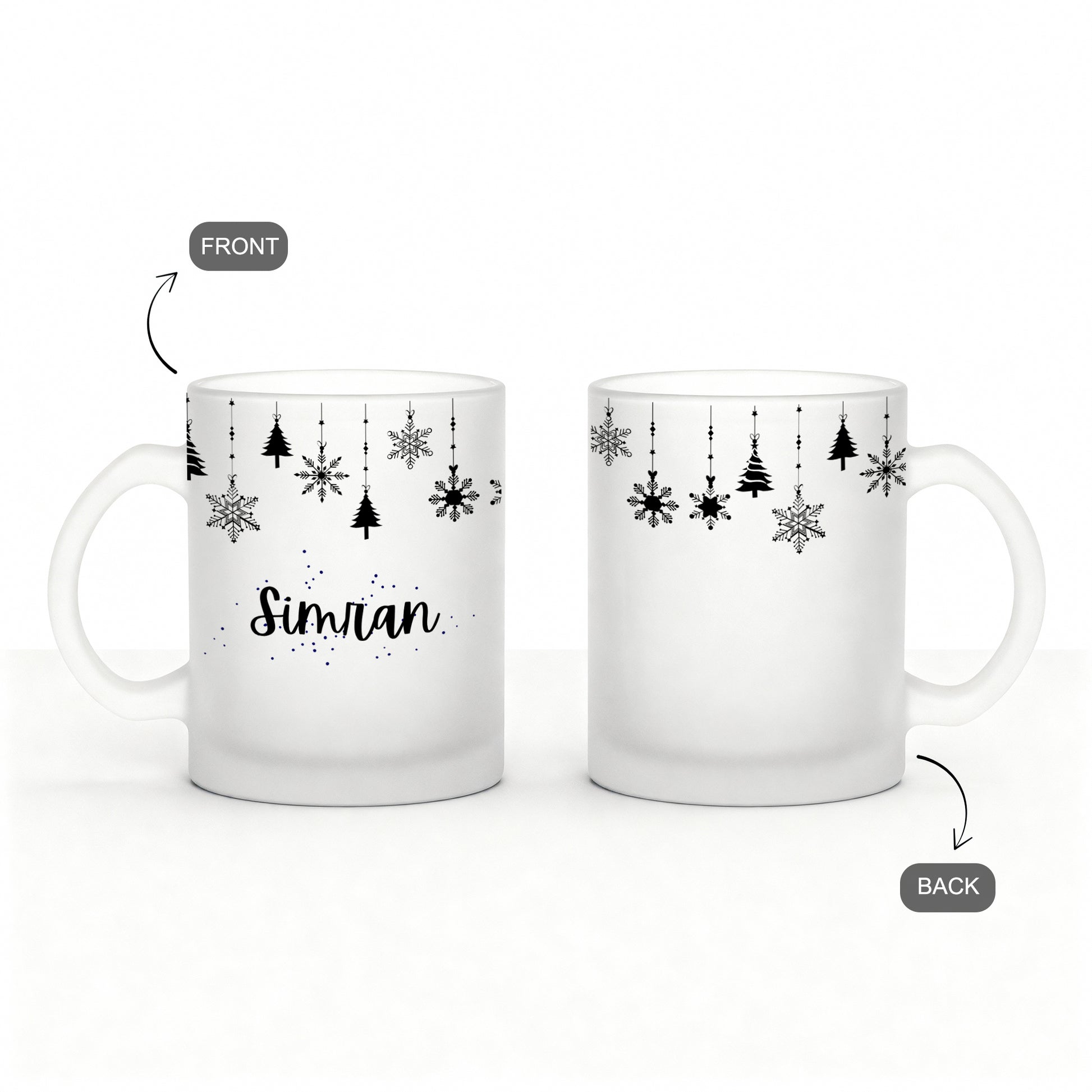 front and back of Personalized frosty christmas mug with custom name