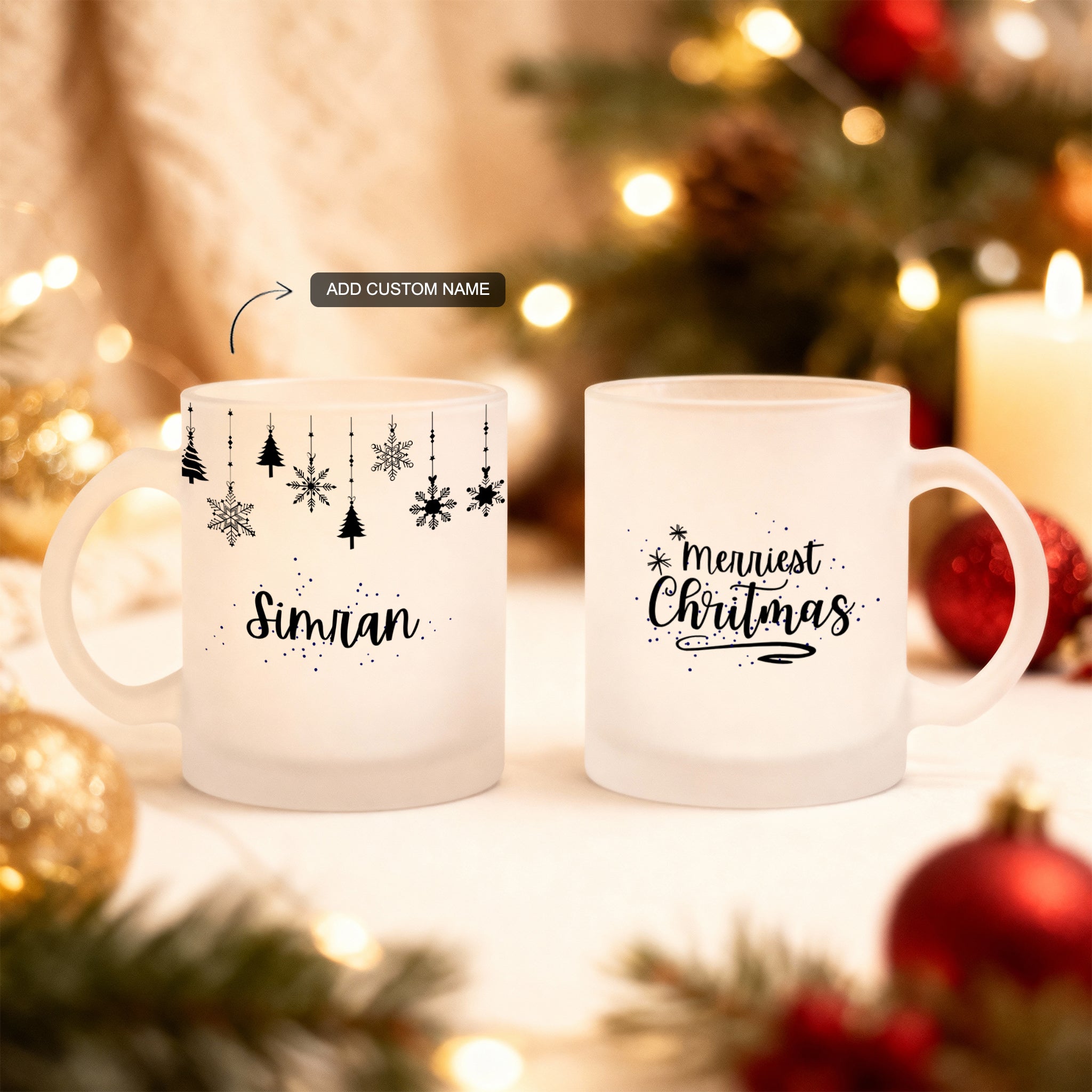 Christmas mug set with custom frosty winter mug and Merriest Christmas mug