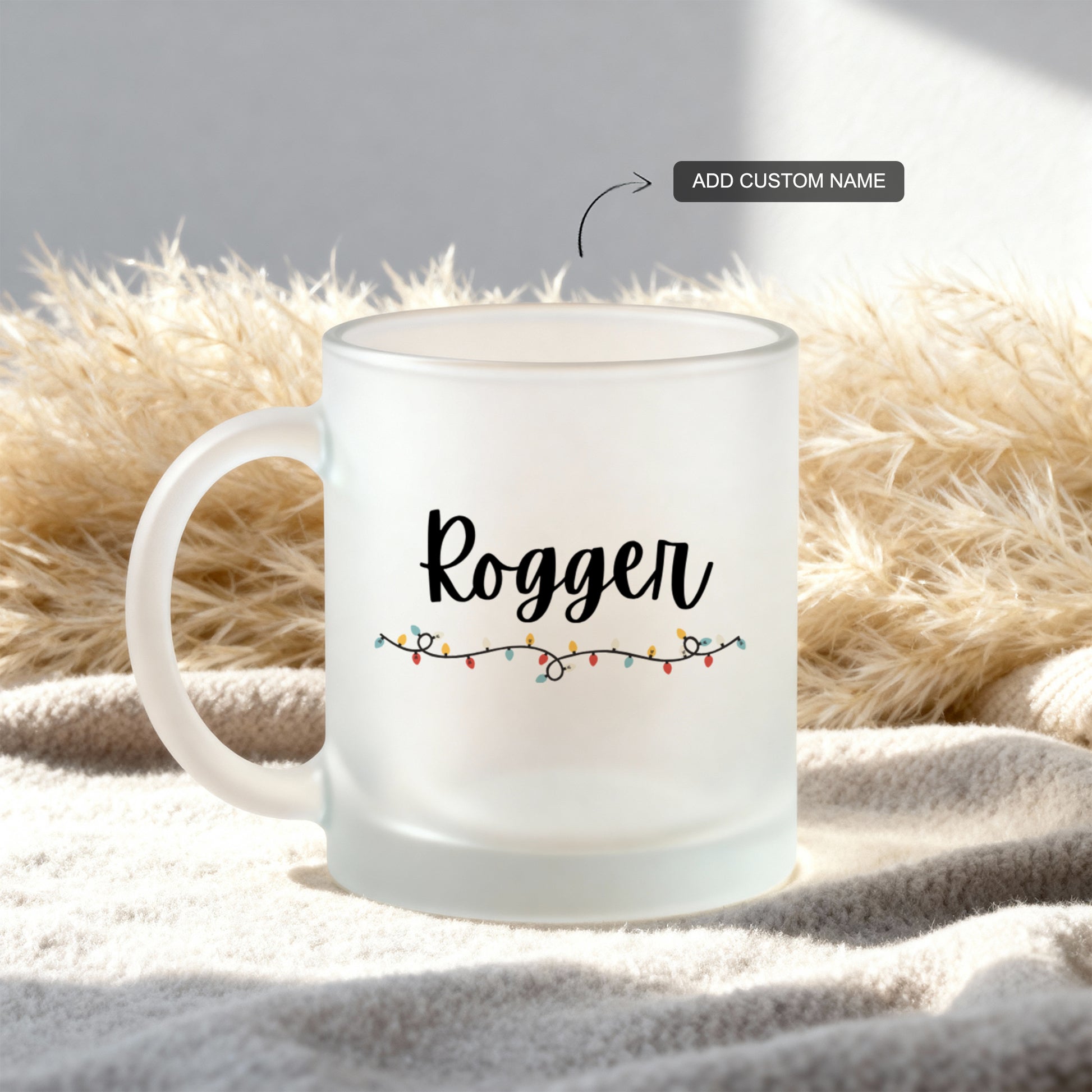 Frosty Christmas mug with personalized name and festive glow