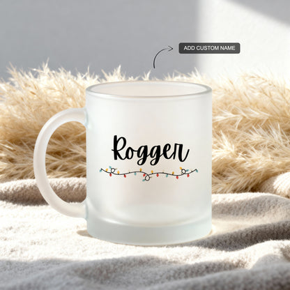 Frosty Christmas mug with personalized name and festive glow